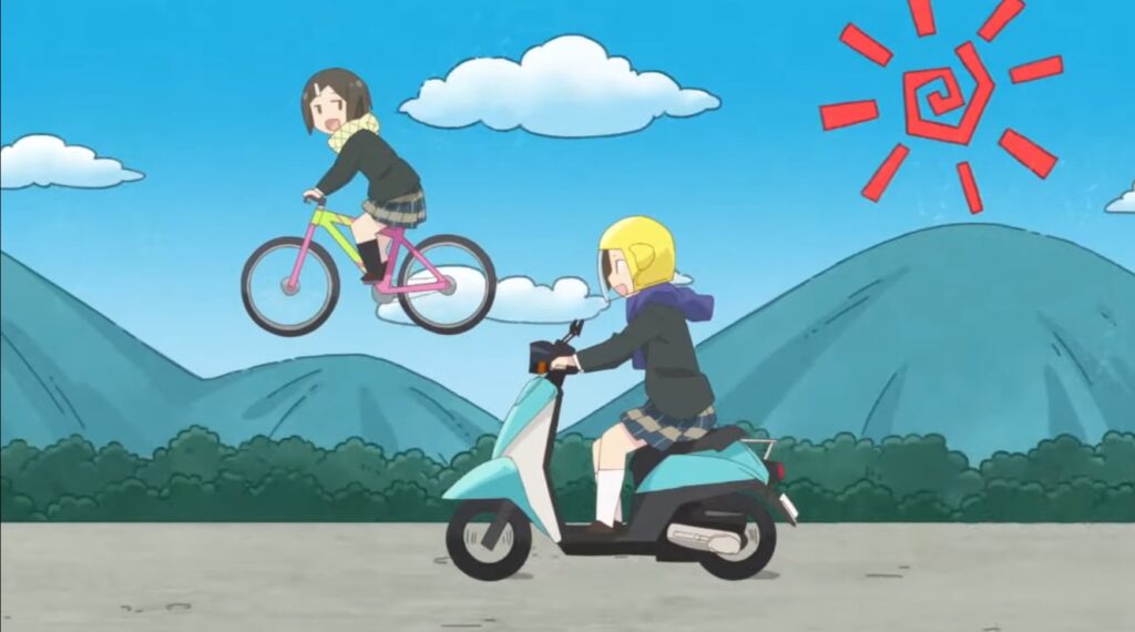 TVアニメ「桜Trick」OPの画像。飯塚ゆずが原付に乗っていて、池野楓が自転車に乗って空を飛んでいる
