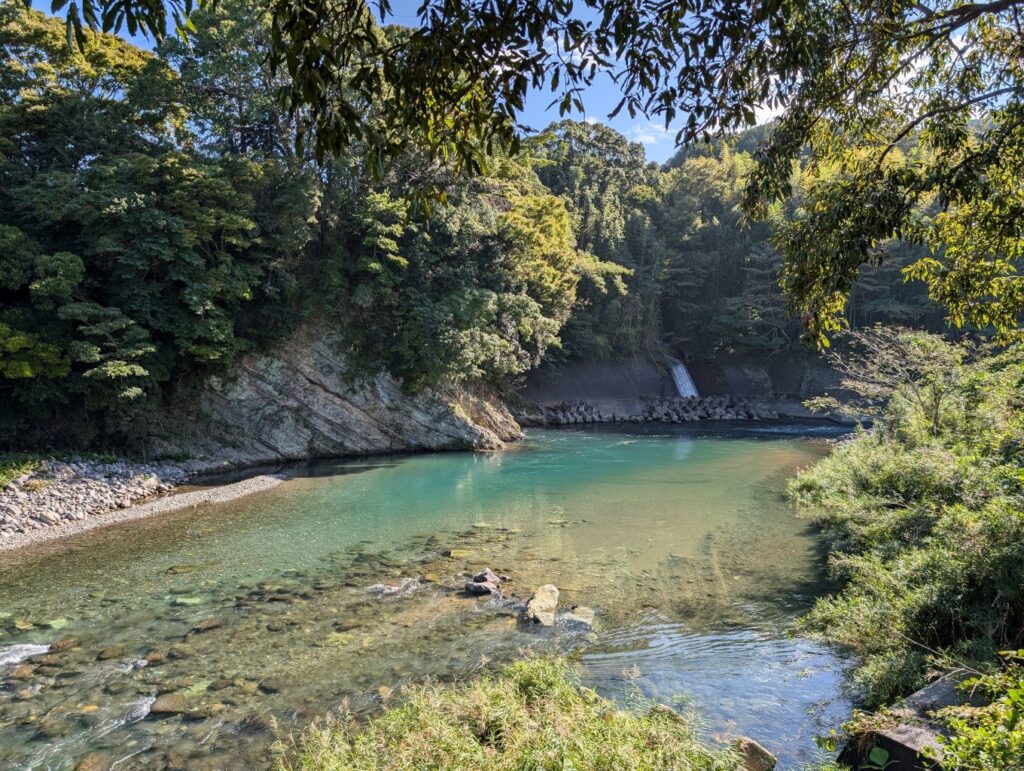 川の写真。向こう側の岸に斜めになったタービダイトの地層が見える